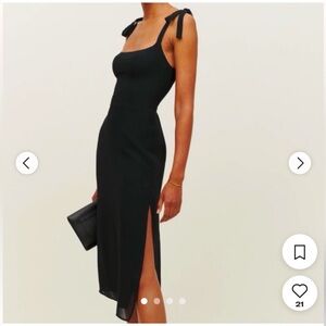 Reformation Black Midi Dress with Tie Straps & Side Slit SZ 2 Perfect Condition
